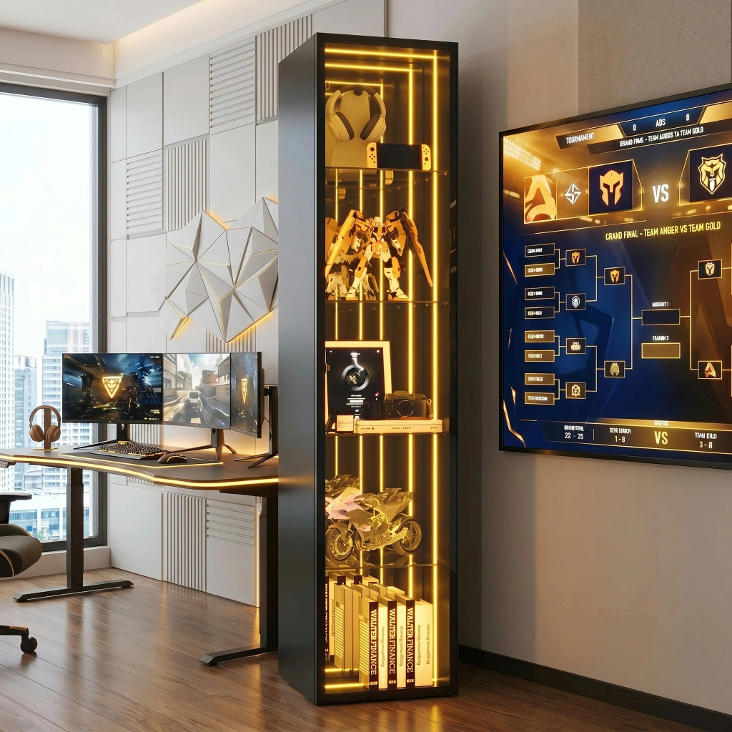Vetrina con LED 1 anta 5 vani e ripiani regolabili in vetro temperato alluminio e MDF nero 30 × 30 × 160 cm