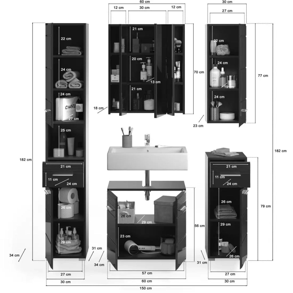 Set di mobili da bagno: mobile sotto lavabo + colonna da bagno + 2 mezze colonne + mobiletto di stoccaggio con