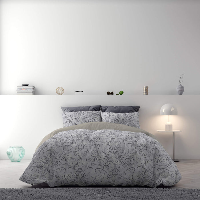 Copripiumino Singolo con Stampa sul Sacco e Federe Doubleface Ornato Grigio