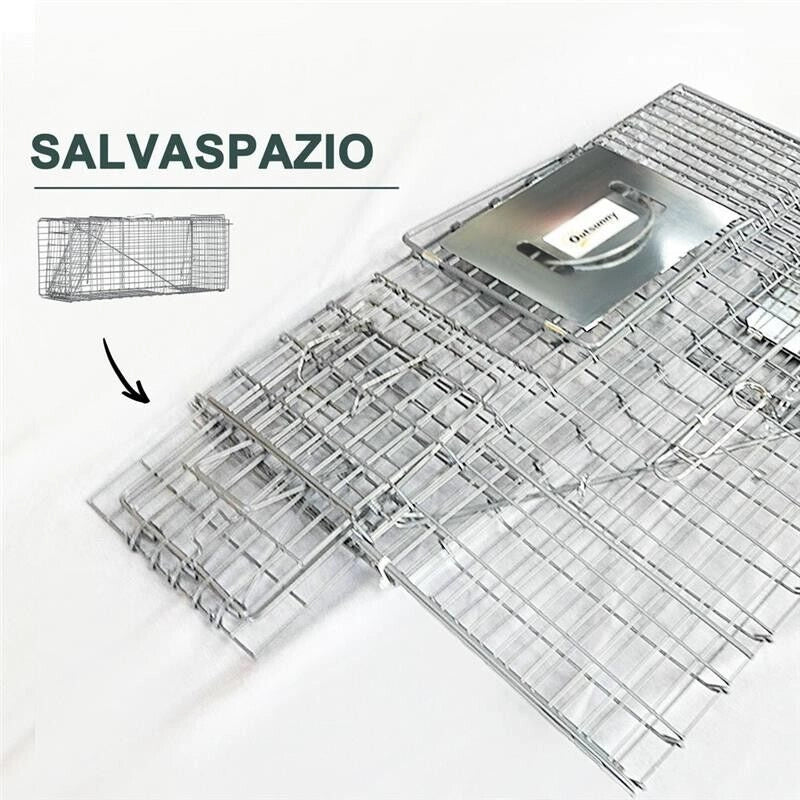 GABBIA TRAPPOLA PER ANIMALI VIVI PIEGHEVOLE IN ACCIAIO, 81X26X34.5CM, ARGENTO
