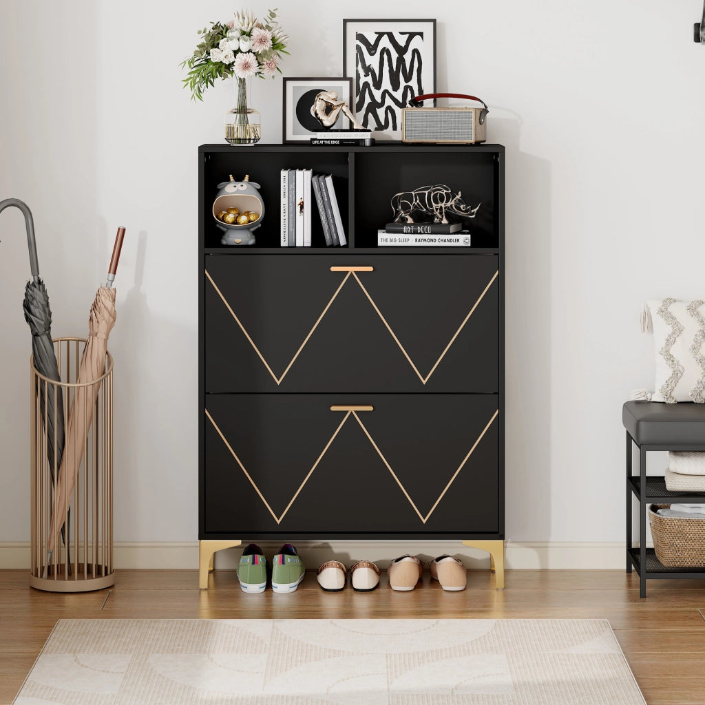 Scarpiera con 4 ante ribaltabili e 4 vani aperti, mobile ingresso con piano d'appoggio, in MDF nero, 80 × 25 × 117 cm