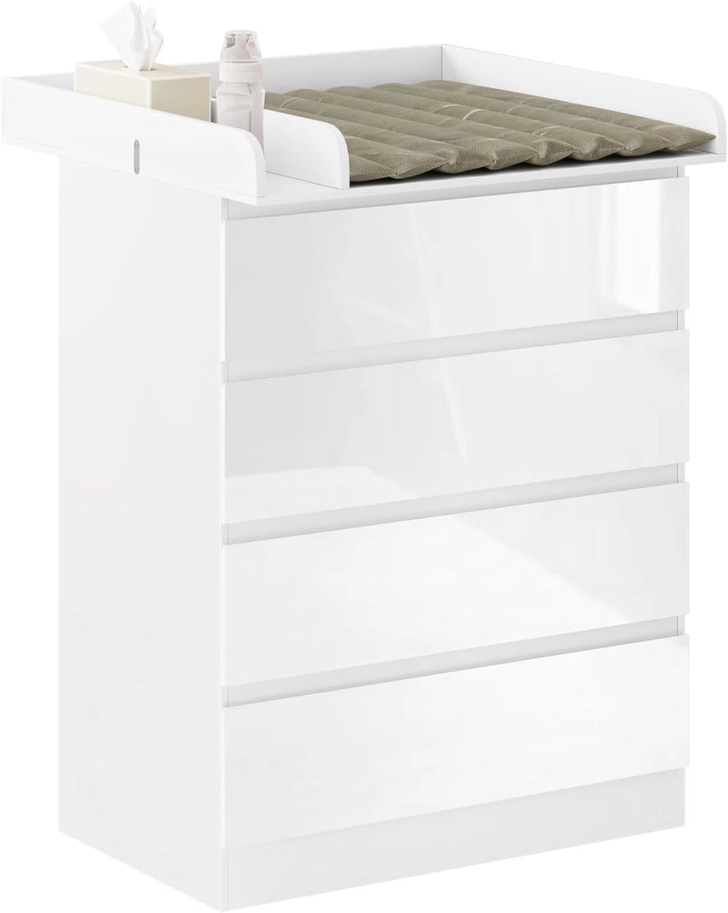 Mobile Fasciatoio per Bambini, Cassettiera con 4 Cassetti, Cassettone con Ripiano Fasciatoio Rimovibile, in Legno MDF e Truciolare, Bianco+Evidenzia Bianco