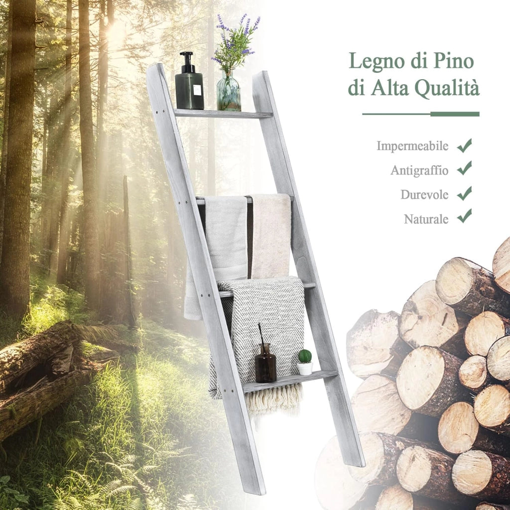 Scaffale di Stoccaggio in Legno di Pino, Porta Asciugamani a 4 Livelli per Bagno, Porta Salviette, Multiuso per Bagno Soggiorno (Grigio, 51 x 8 x 137 cm)