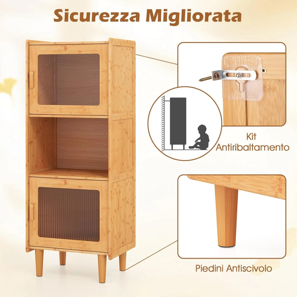 Armadietto da Cucina a 3 Ripiani con 2 Ante in Acrilico Trasparente, Credenza Espositore in Bambù Salvaspazio, Libreria Vetrina per Studio e Soggiorno, 49,5 x 40 x 130 cm, Naturale