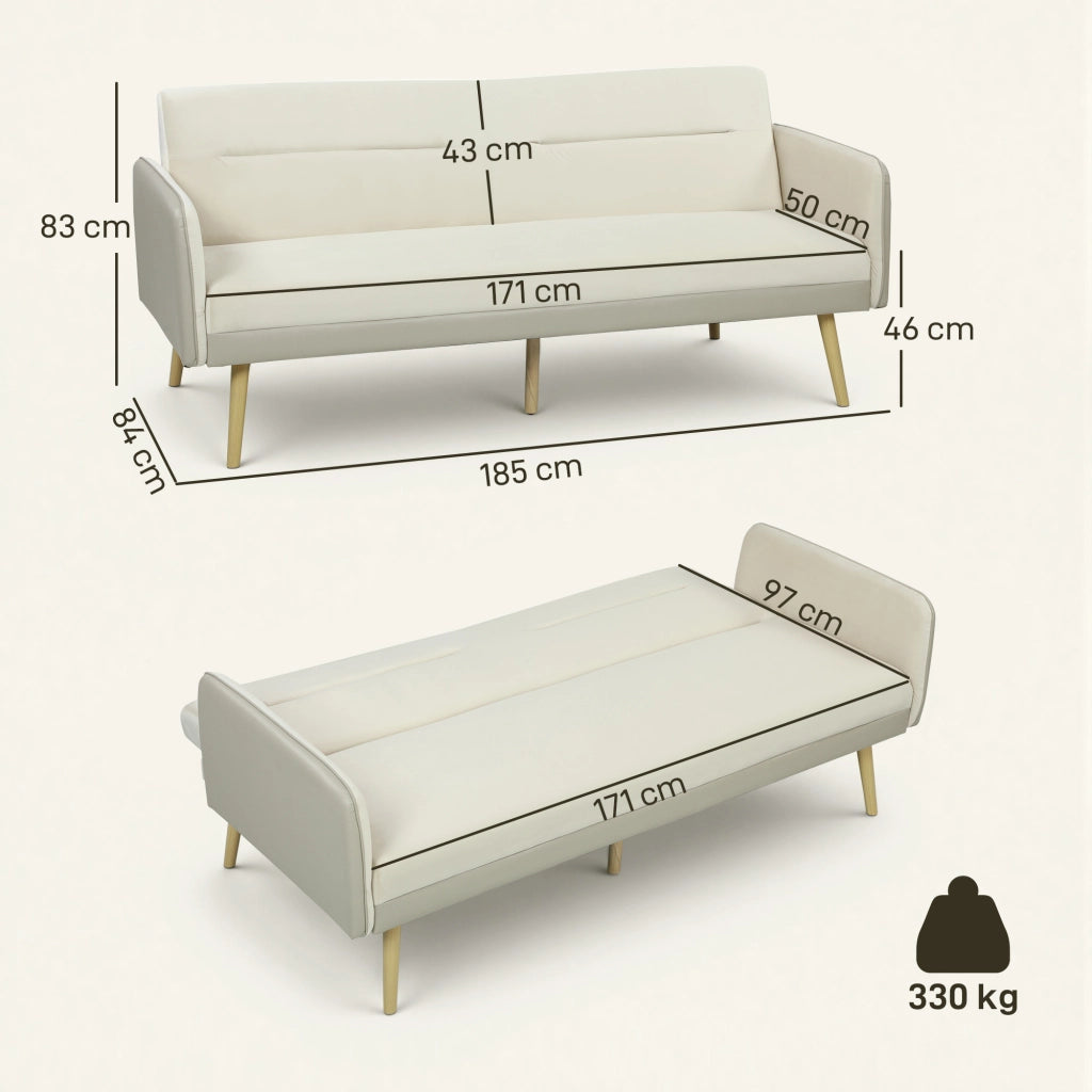 Divano Letto 3 Posti 185x84x83 cm con Schienale Reclinabile e Rivestimento Effetto Velluto Beige