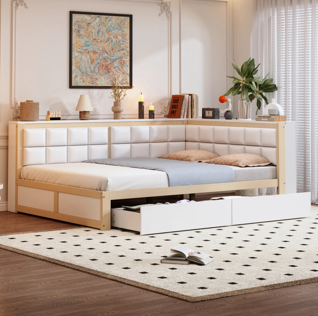Divano letto 140x200 cm con schienale morbido e 2 cassetti in legno colore naturale