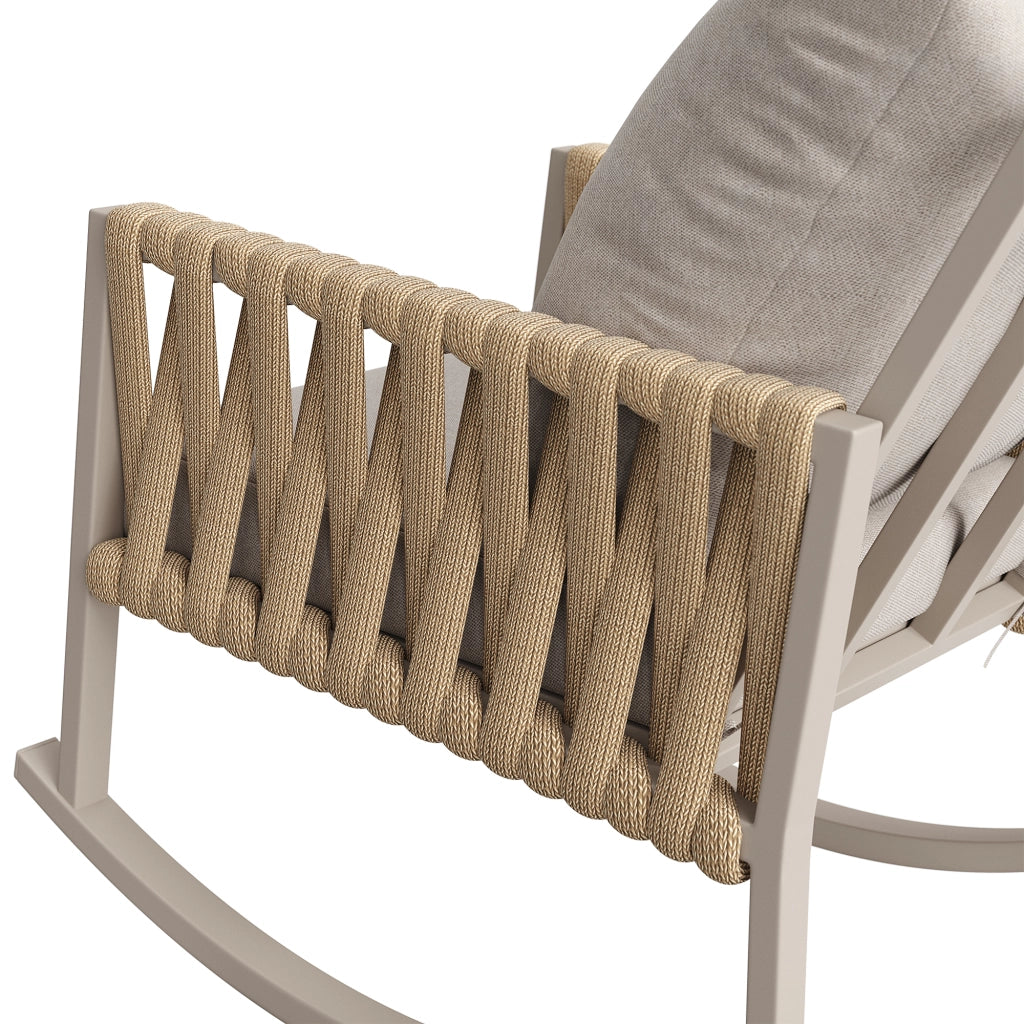 Sedia a dondolo da esterno in ferro beige con braccioli in corda e cuscini resistenti agli schizzi 65 × 79 × 78 cm