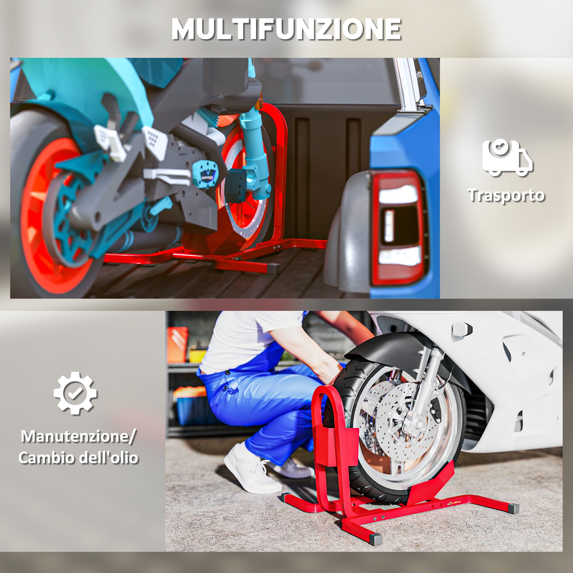 Blocca Ruota Moto 60x55x43 cm Regolabile su 3 Livelli da 250 kg max in Metallo Rosso