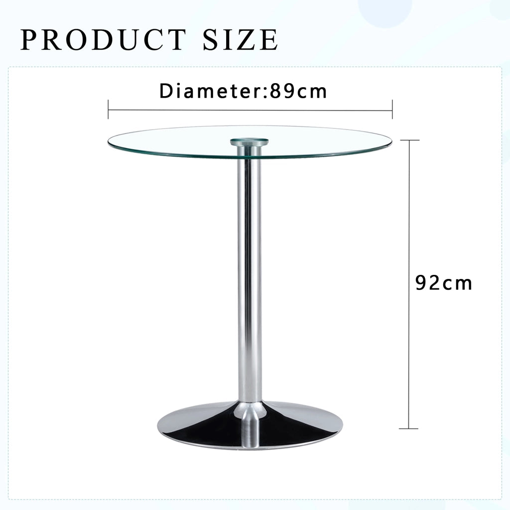 Tavolo da bistrot in vetro trasparente con base in metallo, per home bar e locali, diametro 89 cm, altezza 92 cm