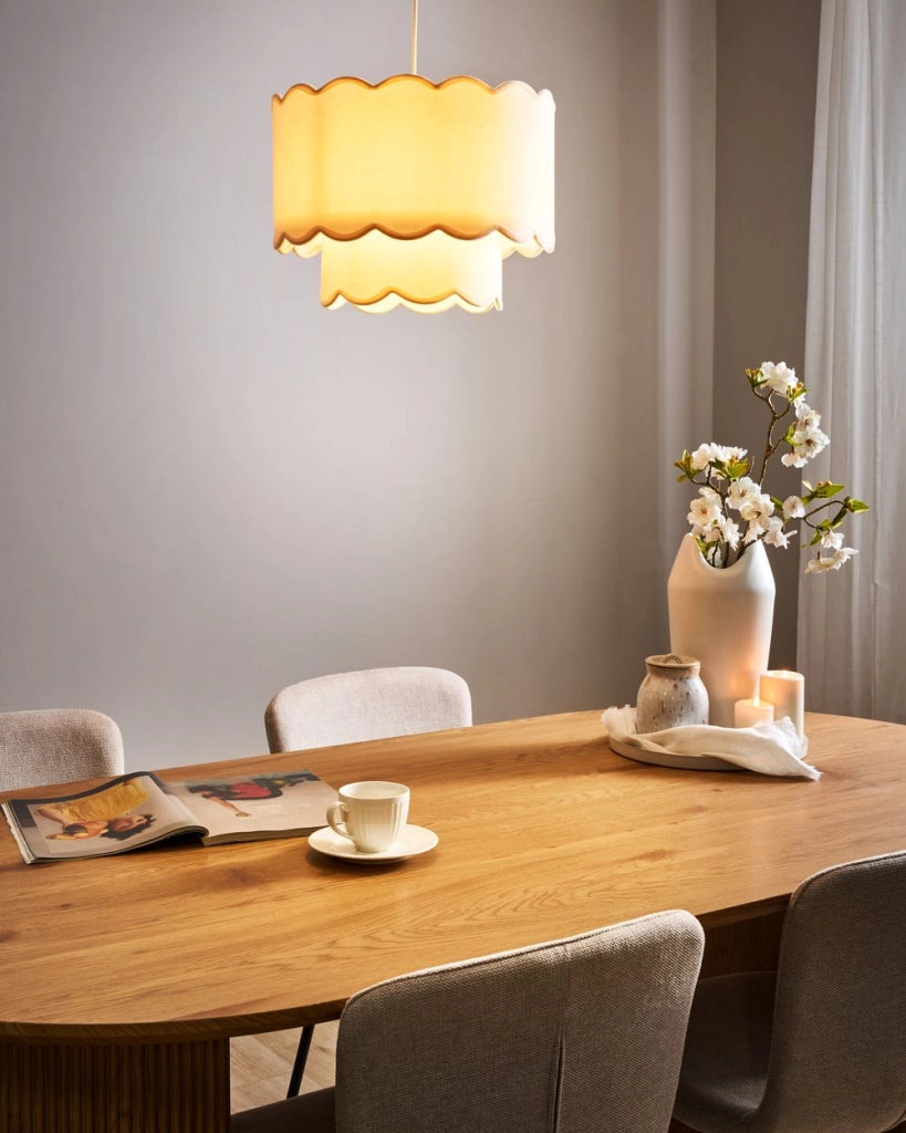 Lampadario in metallo con doppia base e paralume a tamburo in tessuto stile moderno luce d'atmosfera bianco e beige