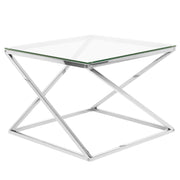 Tavolino da caffè con struttura in acciaio argentato e piano quadrato in vetro dal design glam geometrico