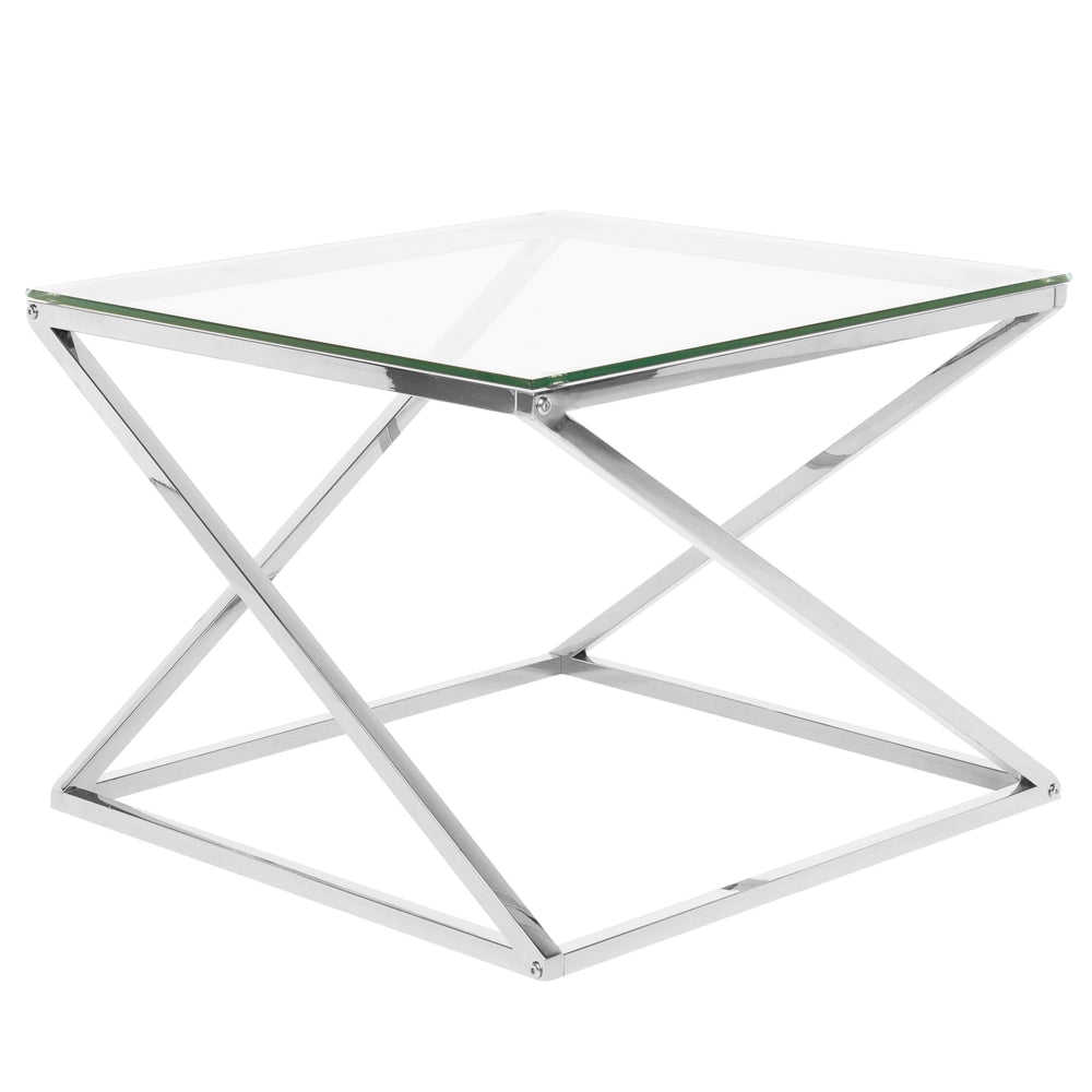 Tavolino da caffè con struttura in acciaio argentato e piano quadrato in vetro dal design glam geometrico