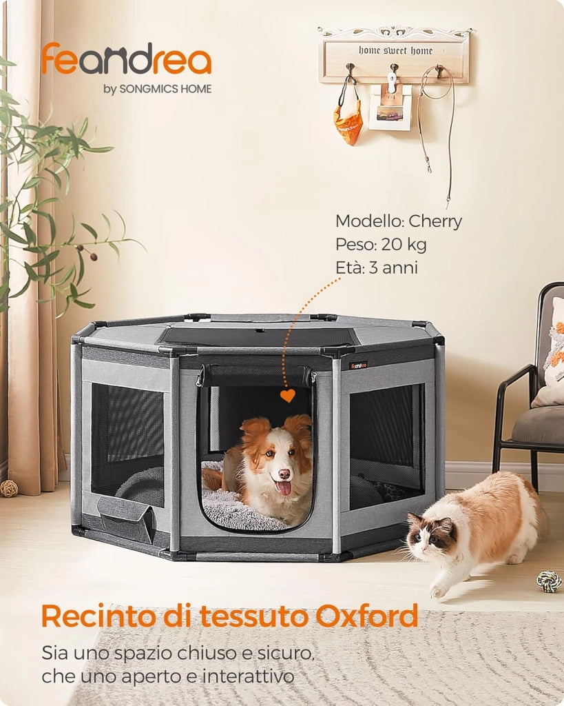 Feandrea Recinto per Cani di Tessuto Oxford, Recinto per Animali Ottagono, L, 112 x 112 x 62 cm, Telaio di Tubi in PVC, Rete Respirante, Tasca Portaoggetti, Grigio Scuro e Grigio Chiaro PDC003G01