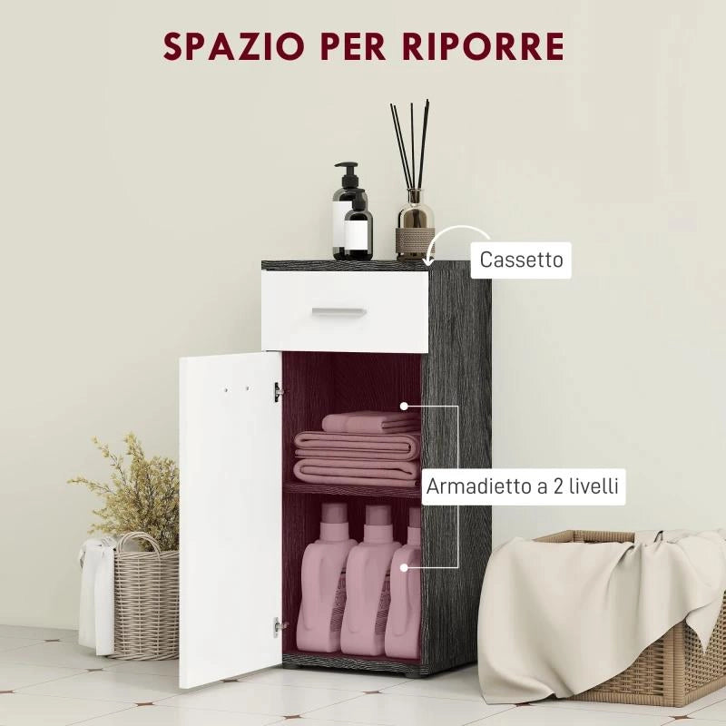 MOBILE BAGNO CON CASSETTO E ARMADIETTO IN LEGNO, 35X30X77.5CM, BIANCO E NERO
