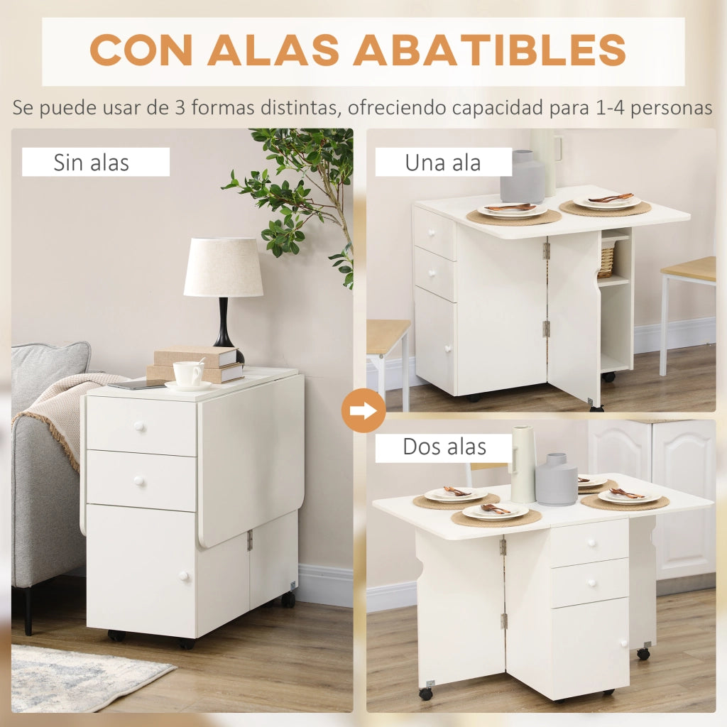Tavolo Pieghevole da Pranzo con Cassetti e Ruote ¨C Zephmum ¨C Bianco 120x80x75 cm