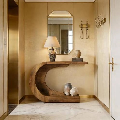 Tavolo consolle a C 110 x 35 x 75 cm in legno marrone rustico