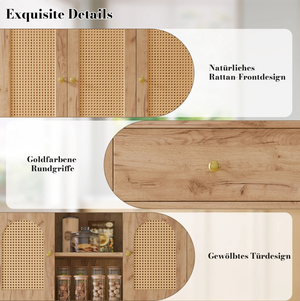 Credenza alta da cucina con LED RGB, prese e ante in rattan