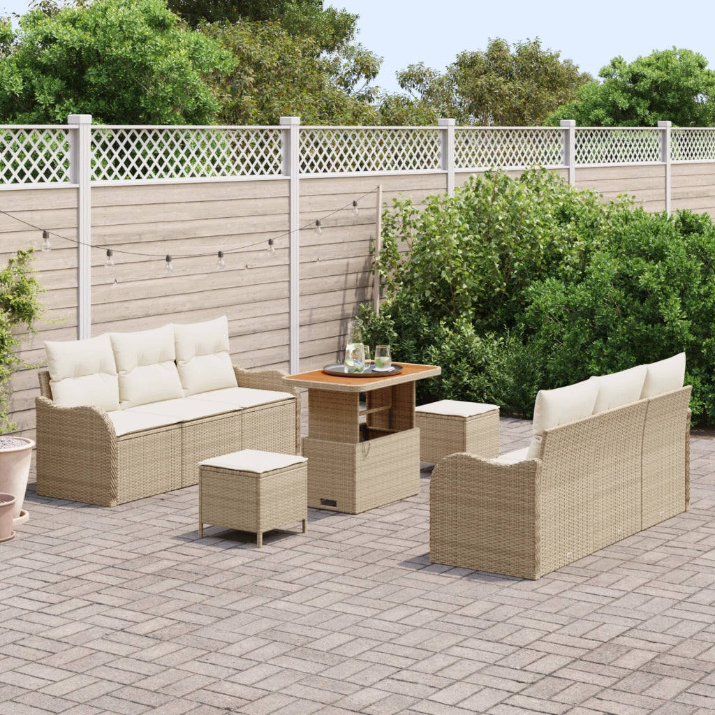 Set Divano da Giardino 9 Pezzi con Cuscini Beige in Polyrattan Acacia