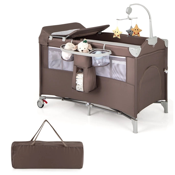 Lettino per bambini con materasso fasciatoio carillon e 3 giocattoli appesi, Box multiuso 5 in 1 Marrone-Culle