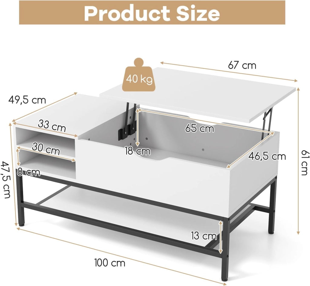 Tavolino da Salotto con Ripiani Estraibili e Scomparti Nascosti, 100 x 49,5 x 47,5 cm, con Gambe in Metallo, per Ufficio e Camera da Letto