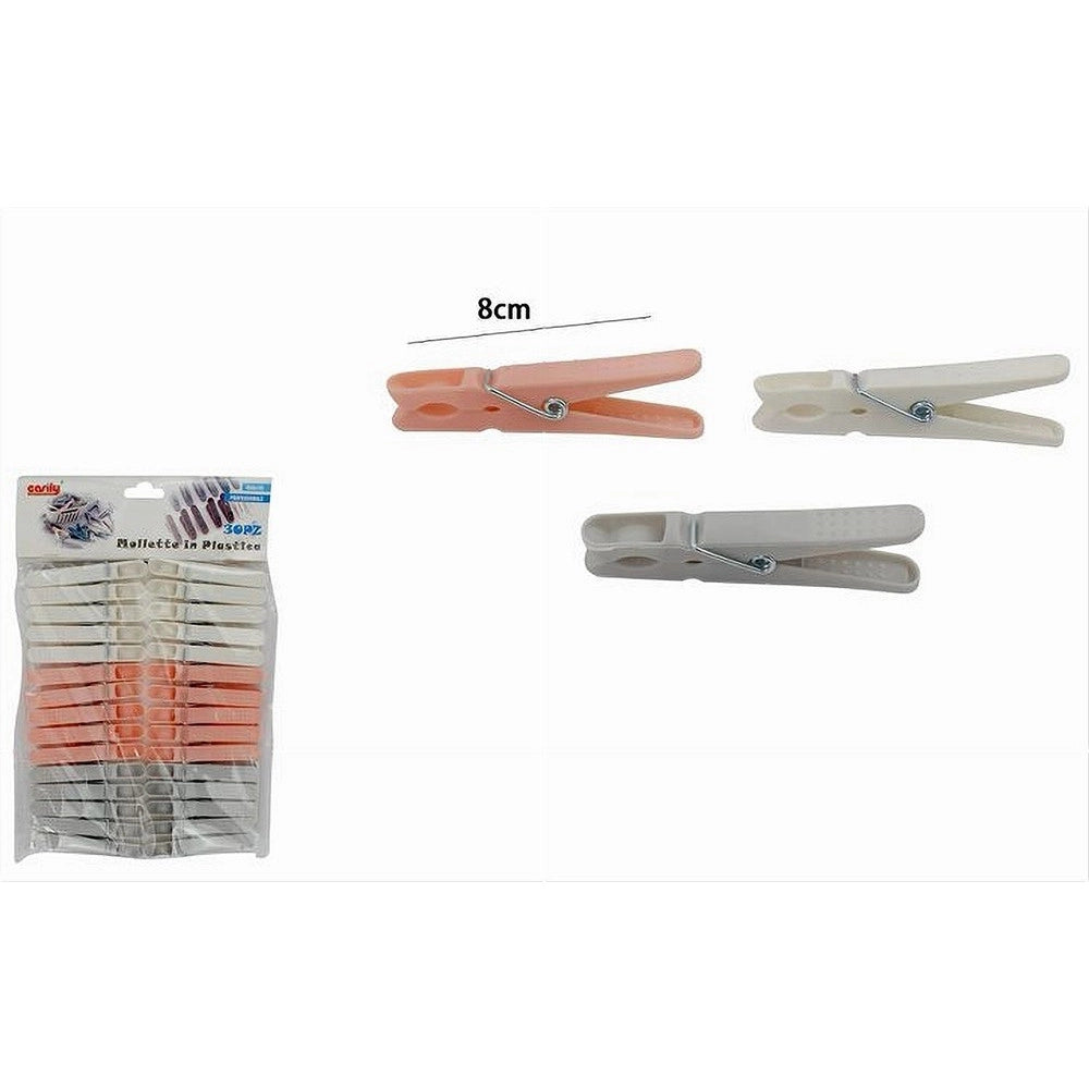 Trade Shop - Set 30 Pz Mollette In Plastica Colorate 8 Cm Pinze Bucato Panni Multiuso 69540 -