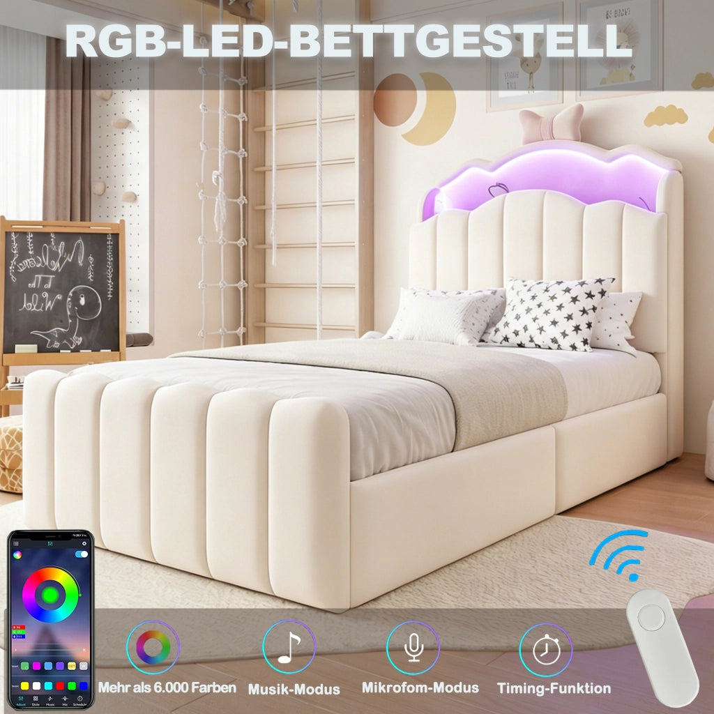 Letto per bambini 90 × 200 cm con contenitore idraulico, LED a colori, USB e USB-C, senza materasso, beige