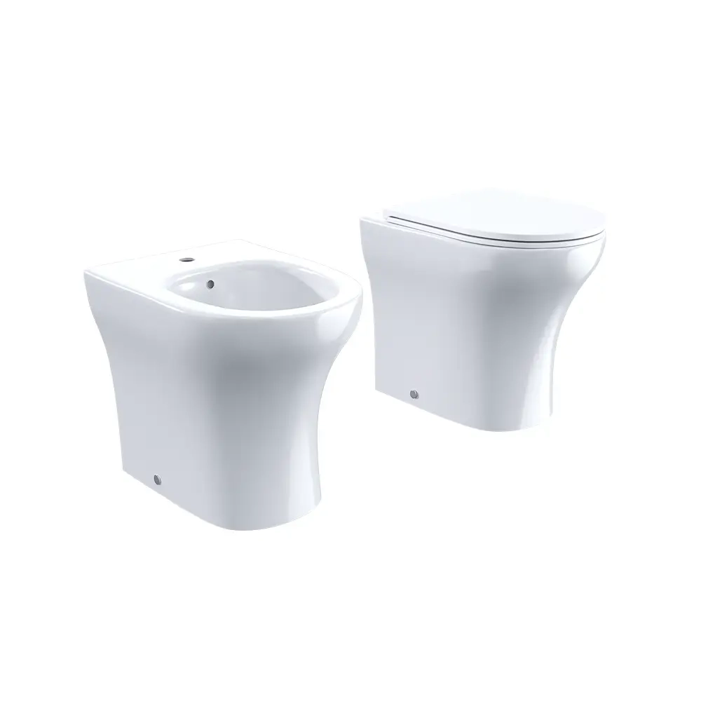Sanitari filomuro rimless in ceramica bianco lucido: vaso bidet e copriwc soft-close | Nassau