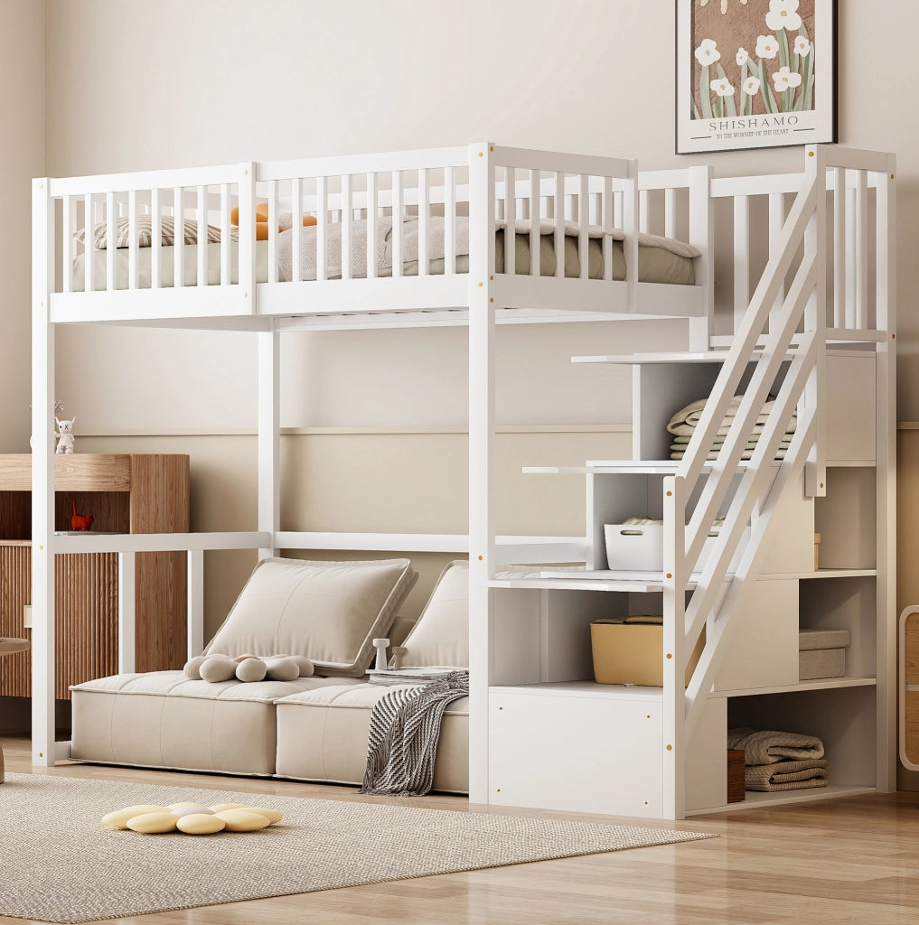 Letto a soppalco 90x200 cm in legno di pino bianco con scala contenitore