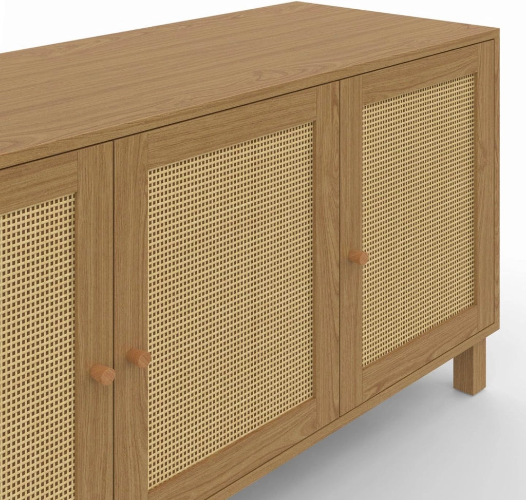 HANAE Aparador bajo vintage de 3 puertas con efecto caña natural 113 cm