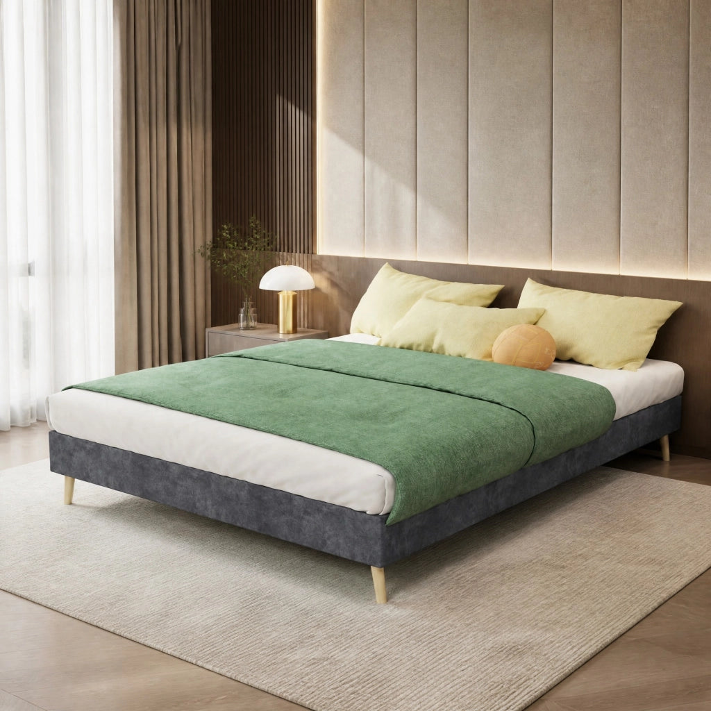 LETTO 140x200 cm Grigio in tessuto e metallo con testiera geometrica