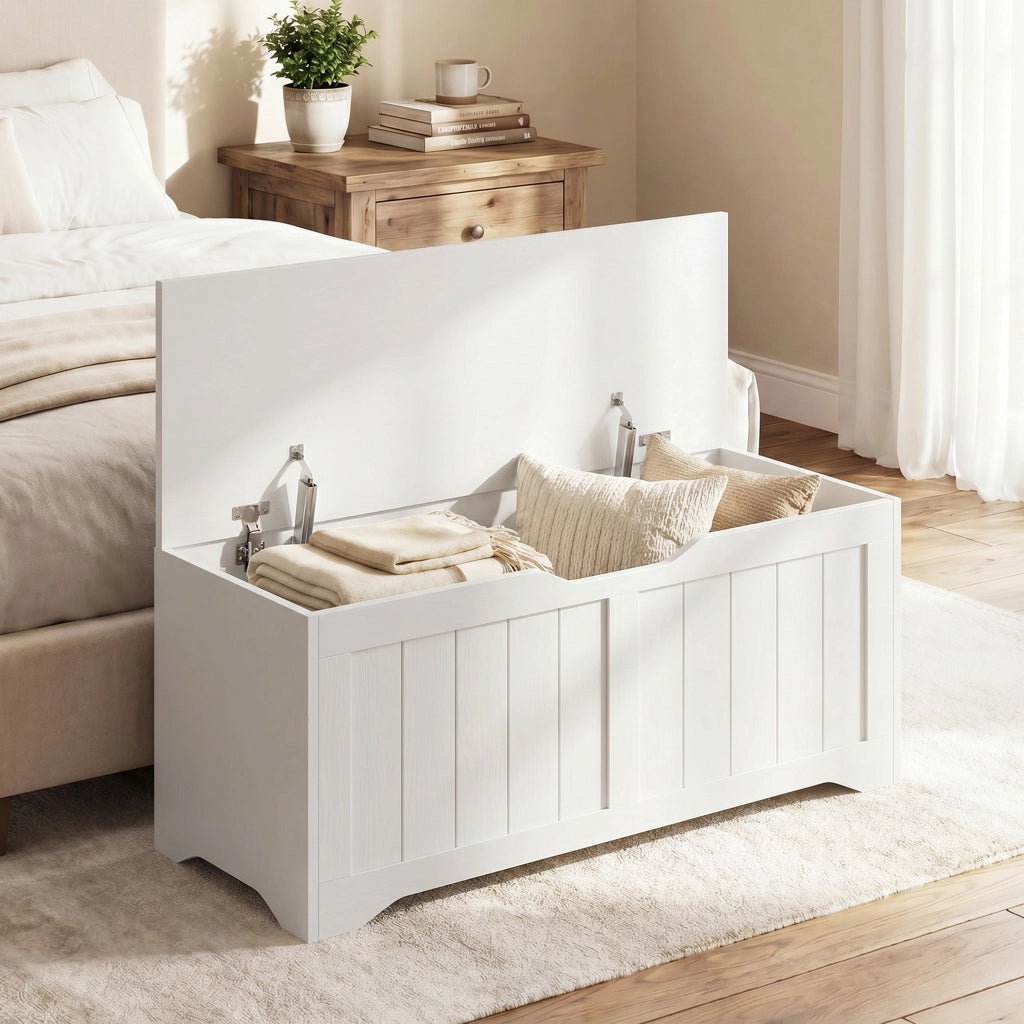 Panca Contenitore 100x40x45 cm Capacità 136L con Coperchio Sollevabile in Legno Bianca
