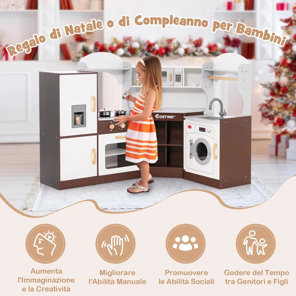 Cucina Giocattolo in Legno per Bambini, Set Cucina Giocattolo con Macchina di Ghiaccio, Microonde, Forno, Lavello, Lavatrice e Accessori, Effetti Sonori e Luminosi per Bambini 3 Anni+