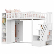 Letto a soppalco per bambini 90x200 cm con armadio; gradini contenitore e ripiani; bianco