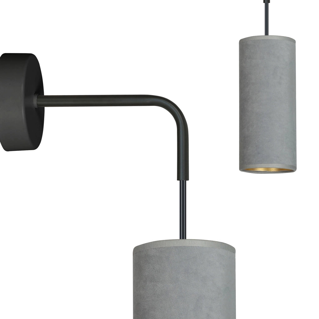 Applique 1 Luce Bente In Acciaio Nero E Paralume Grigio E Oro