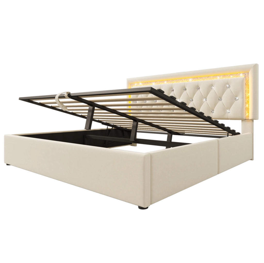 Letto imbottito 140x200 cm con contenitore; LED e ricarica USB Type-C in velluto beige