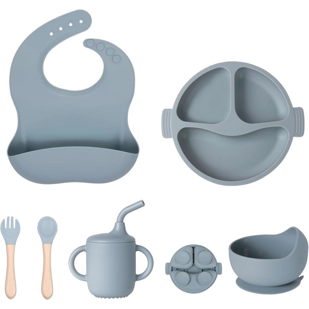 Trade Shop - Set Pappa Svezzamento Bambini 6pz Piatto Con Ventosa Ciotola Cucchiaio Bavaglino Tazza -
