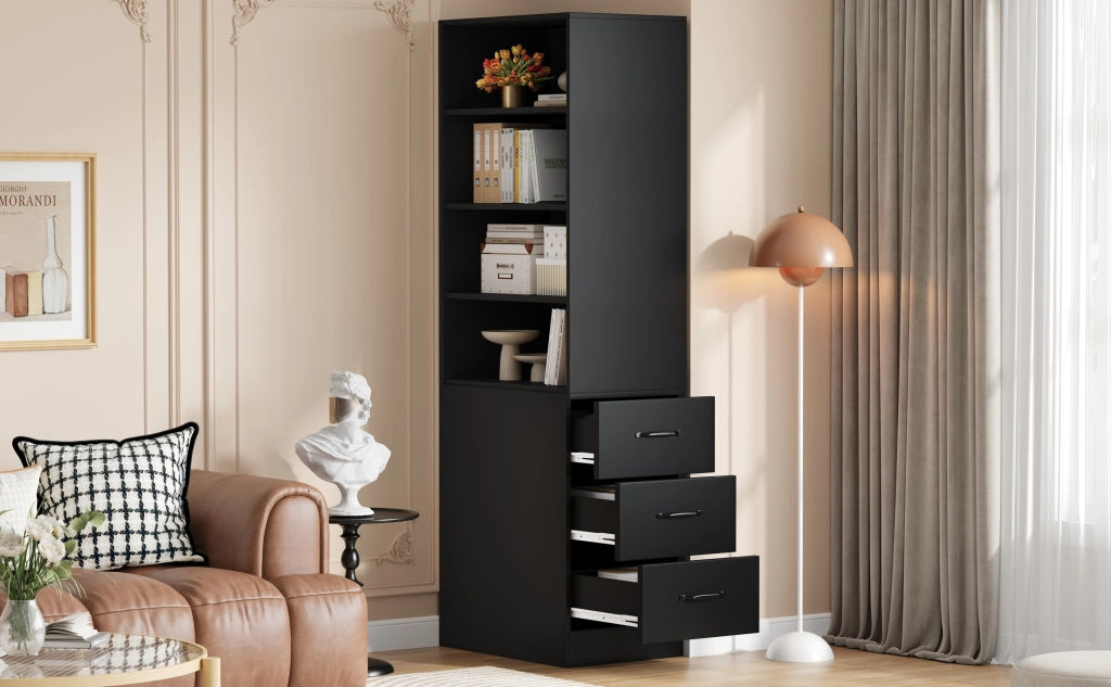 Libreria alta con 3 cassetti laterali e 4 vani aperti con ripiani regolabili per piccoli spazi nera 60 × 38 × 180 cm