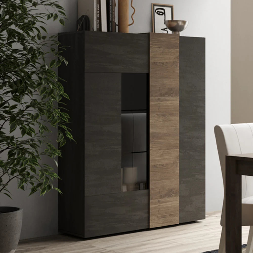 Vetrina a 2 Ante Linea Venus L 121 Cm x H 168 Cm x P 44 Cm, realizzata in legno 100% MADE IN ITALY, design moderno per cucina, sala da pranzo, soggiorno, colore Titanio/Mercure