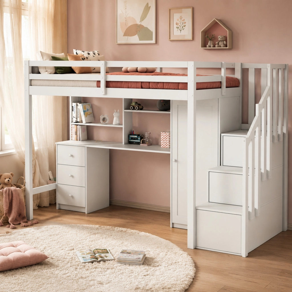 Letto a castello multifunzionale con scrivania e armadio 90x200 cm; bianco; in legno massello e MDF