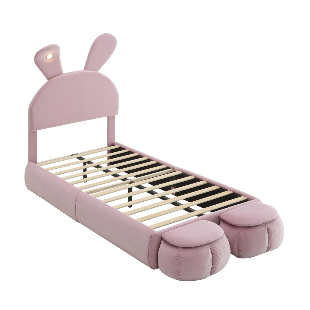 Letto imbottito per bambini - Zephmum- 90x200cm - Rosa - Luci calde regolabili con orecchie di coniglio