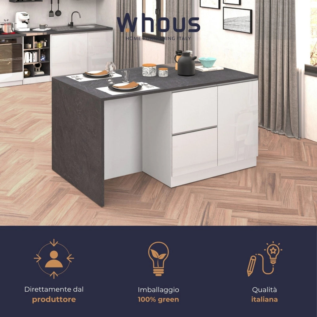 WHOUS Isola da cucina Sole con 1 anta 2 cassetti e 6 vani bianco lucido/report 153x90x91 cm