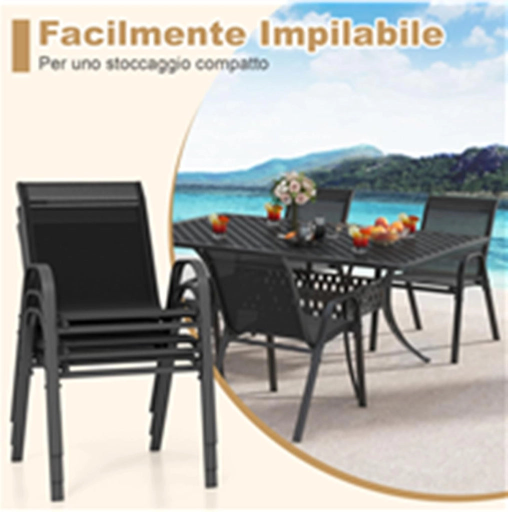 Set di 4 Sedie da Giardino, Poltrone in Tessuto Textilene per Esterno, Sedie Impilabili con Gambe in Metallo, Portata 150 kg, 56 x 70 x 84 cm (Nero,4)