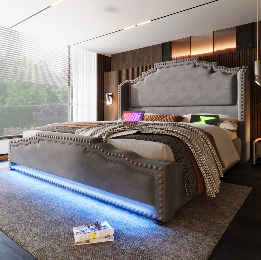 Letto imbottito 140x200 in velluto grigio con LED; USB-C e 4 cassetti
