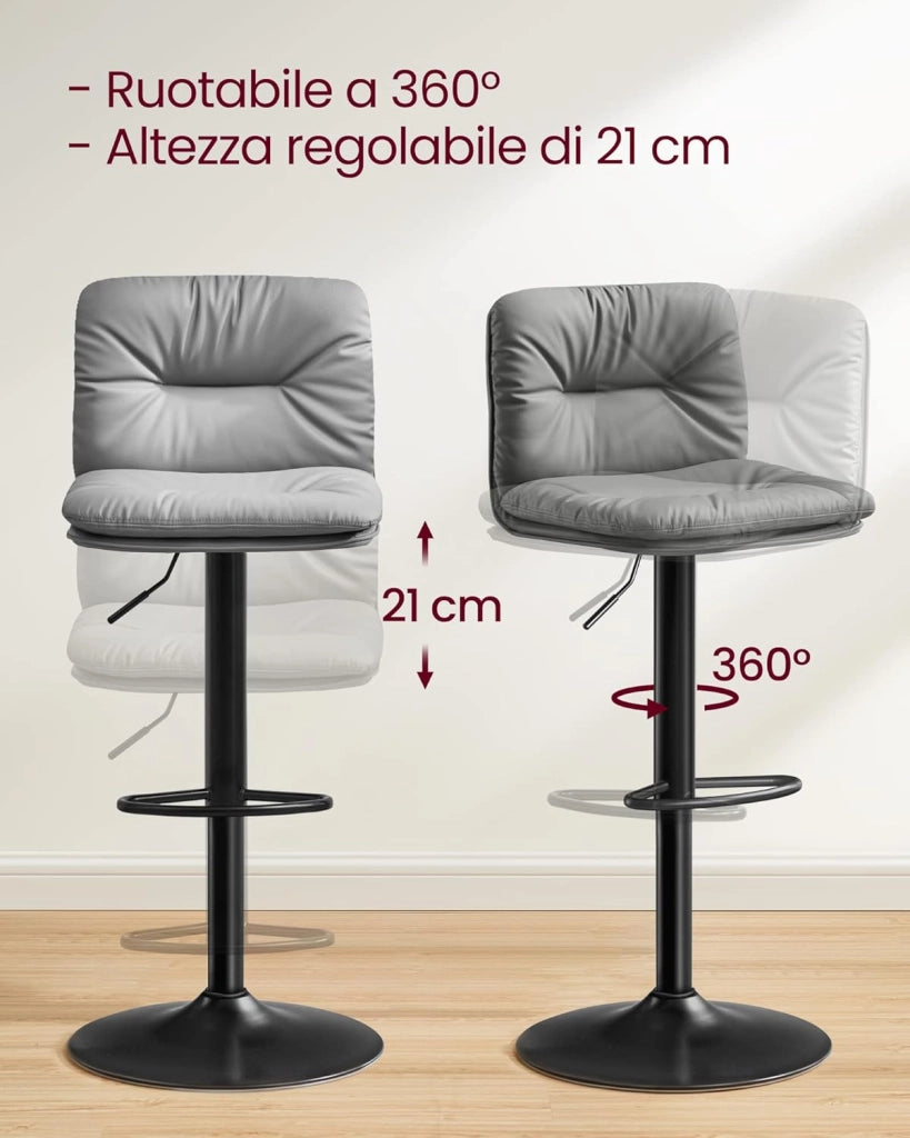 VASAGLE Set di 2 Sgabelli da Cucina, Sgabelli da Bar, Regolabili in Altezza con Rivestimento in PU, Girevole a 360°, Sedia da Bar con Schienale e Poggiapiedi, Grigio LJB094G01