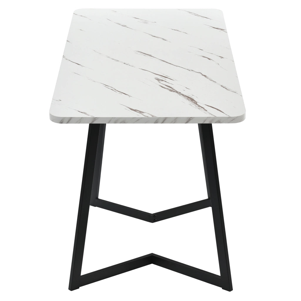 Tavolo da pranzo con piano effetto marmo e gambe in ferro nere, per soggiorno, in MDF, bianco e nero, 117 × 68 × 75 cm