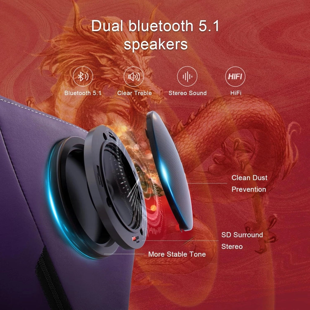 Sedia Gaming Ergonomica Poltrone con Altoparlanti Bluetooth e Poggiapiedi Sedia Gamer Reclinabile Serie Dragon Sedia Ufficio con Poggiatesta e Cuscino Lombare per Lavoro e Gioco Viola