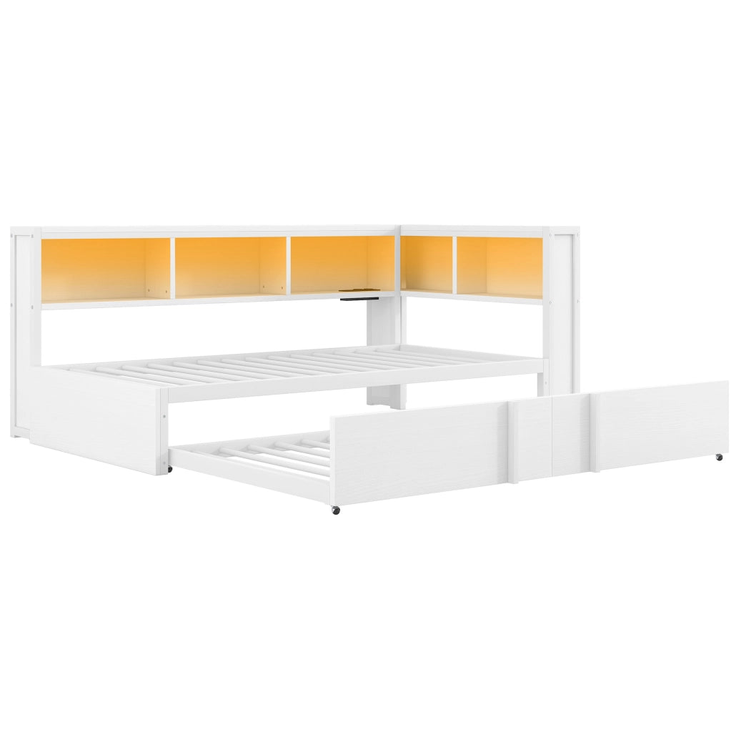 Letto 90x200 cm con letto estraibile; vani portaoggetti; LED e USB in metallo e MDF bianco
