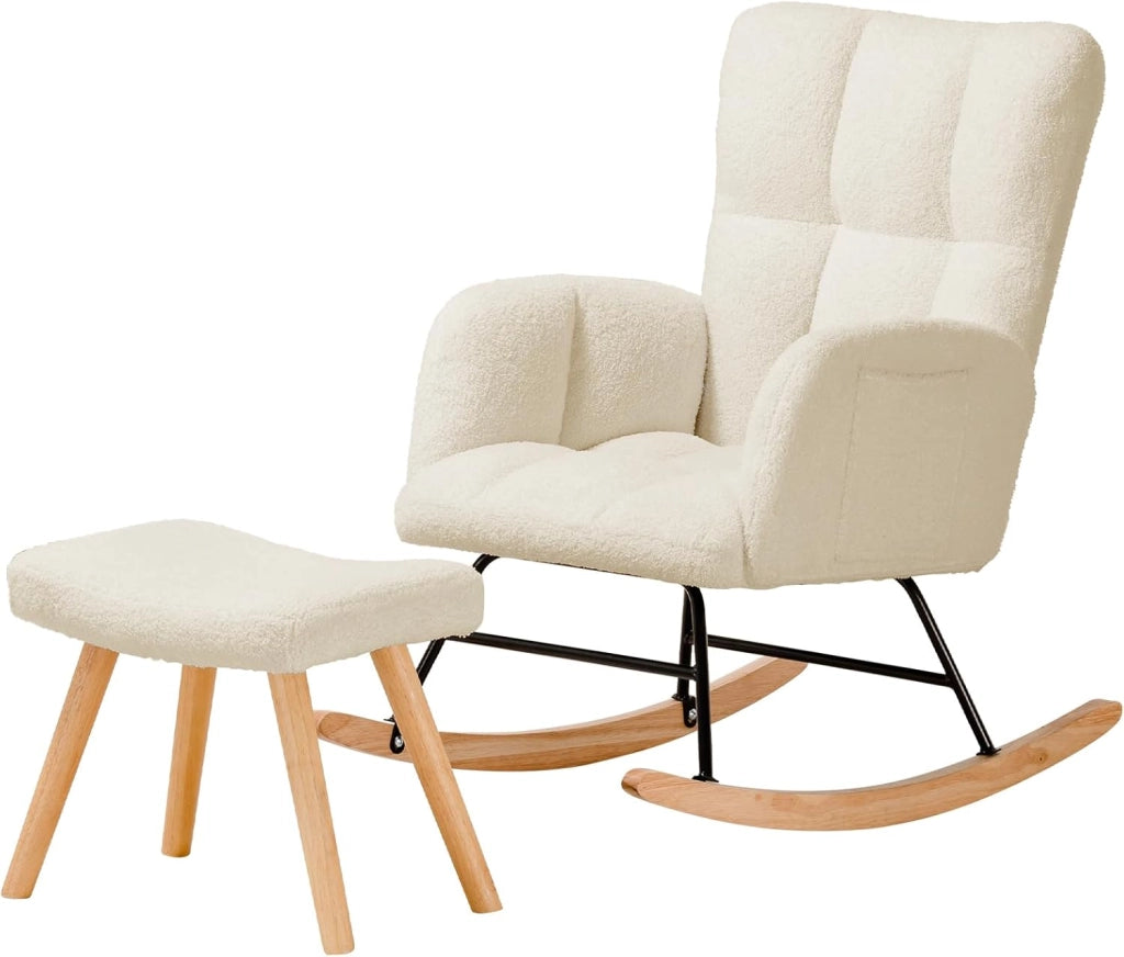 Sedia a dondolo con sgabello, poltrona relax con braccioli, poltrona a dondolo in peluche Teddy, portata fino a 150 kg, lettino da giardino per camera da letto, Con pedale, beige