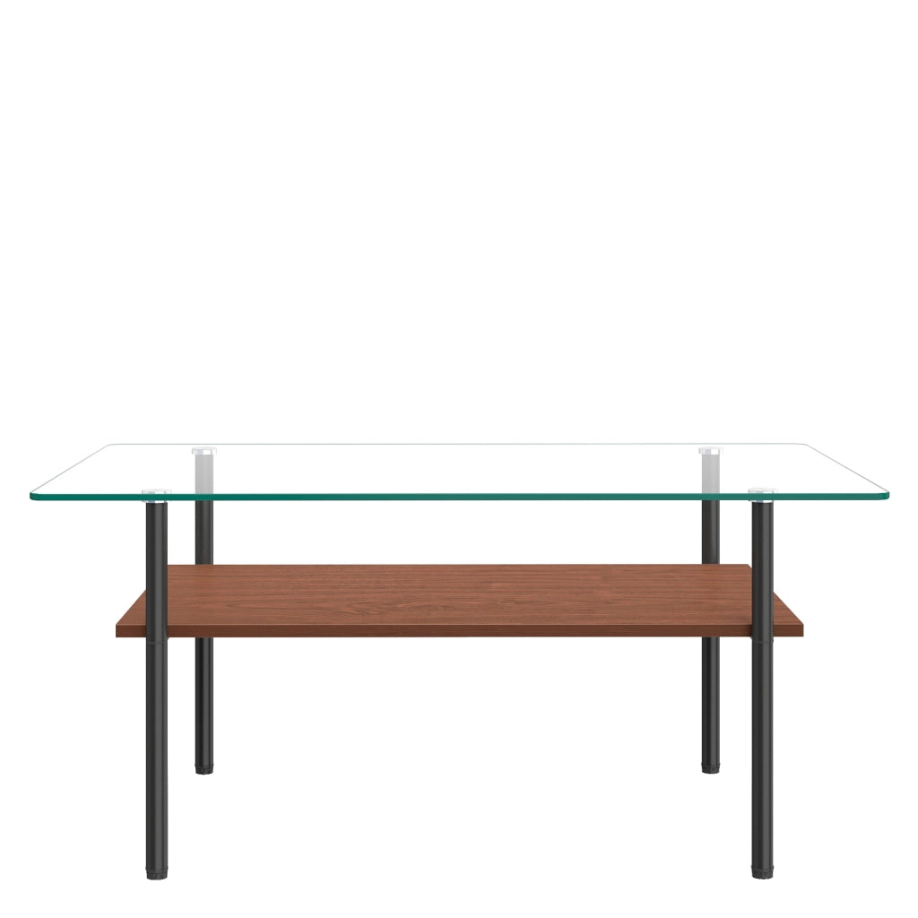 Tavolino basso con piano in vetro temperato e ripiano in MDF, struttura in metallo, nero e marrone, 98 × 58 × 45 cm