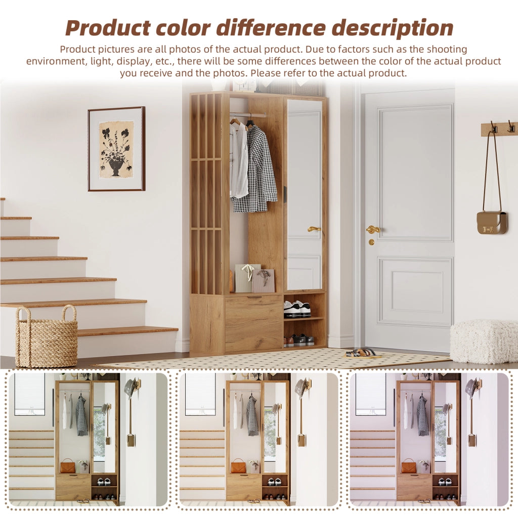 Mobile da Ingresso con 2 Armadi; 9 Vani; Barra Appendiabiti; Specchio; per Ingresso in Truciolare 100×33×190 cm
